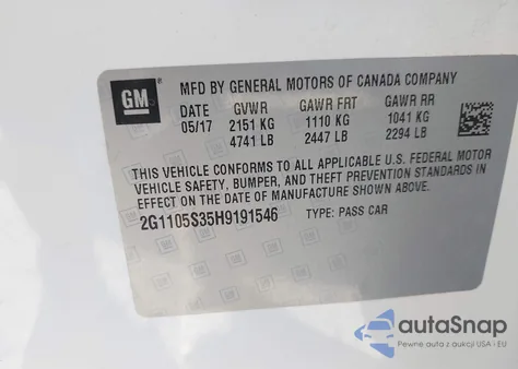 2017 Chevrolet Impala 1Lt from USA, damaged, VIN 2G1105S35H9191546